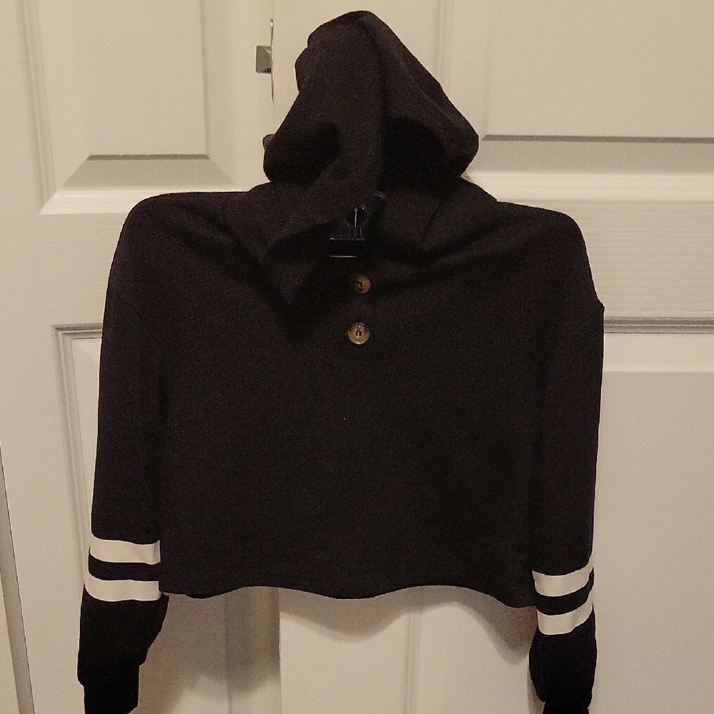Black Cropped Hoodie with Striped Sleeves
